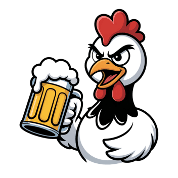 Cartoon chicken with beer mug illustration
