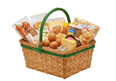 Full wicker basket of gourmet food items.