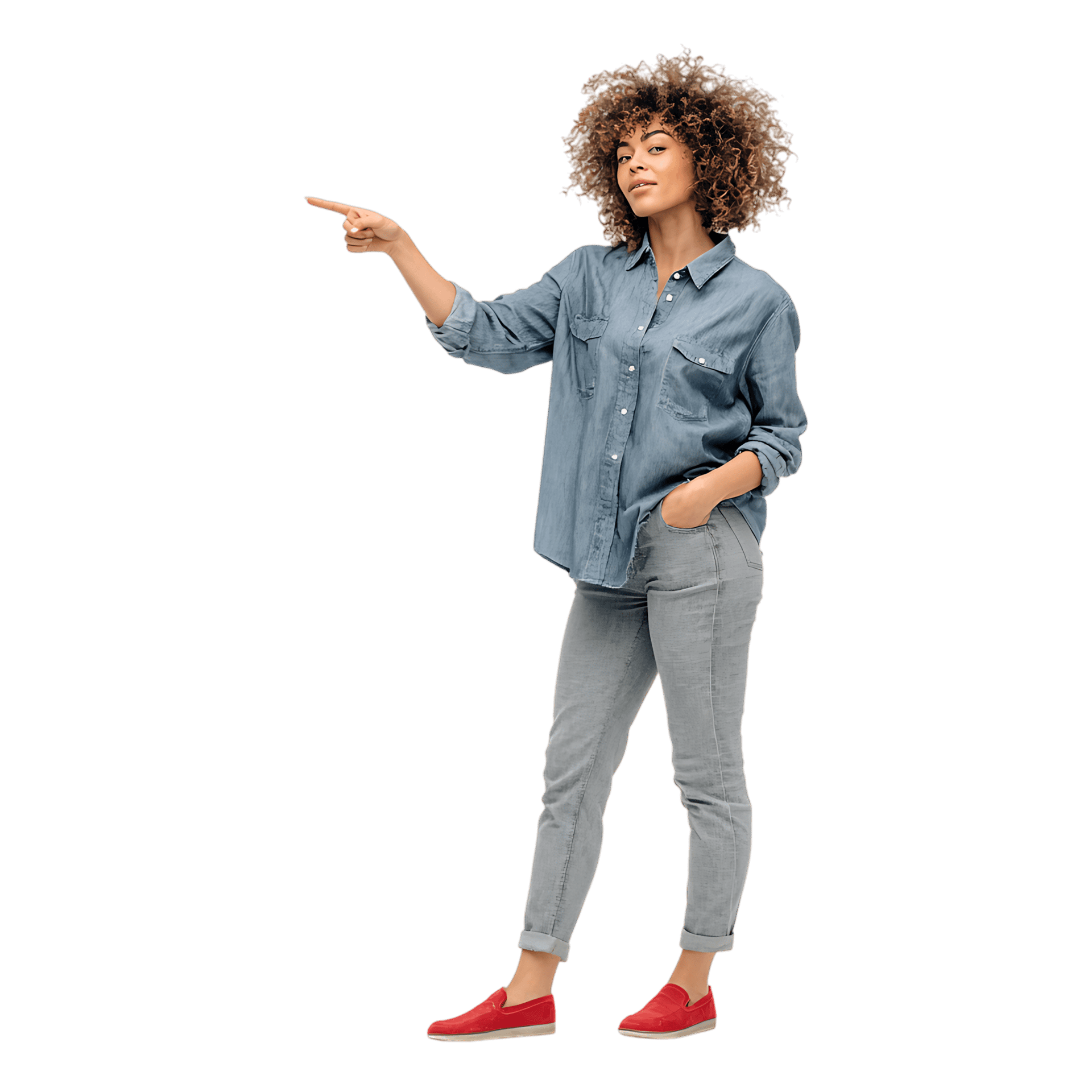 Stylish woman pointing towards copyspace, showcasing confidence.