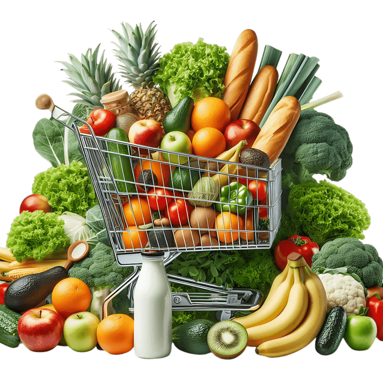 Grocery shopping cart full of fresh produce and dairy869.