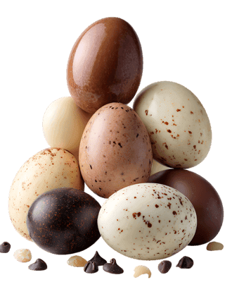 A pyramid of speckled chocolate eggs.