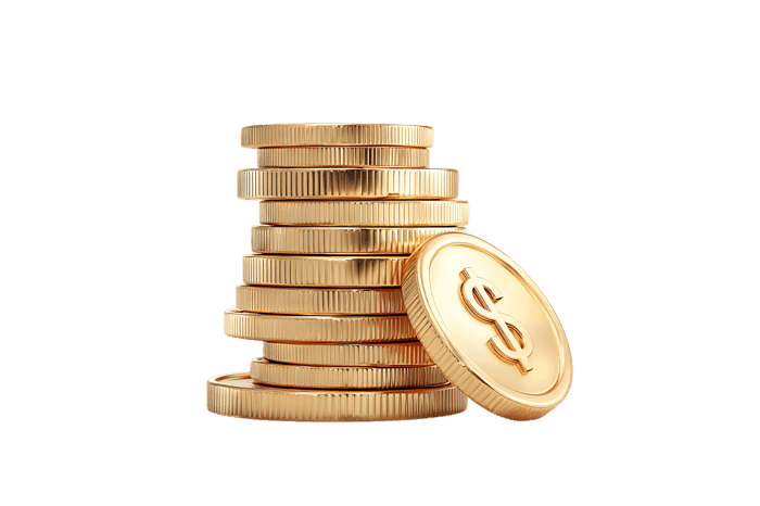 Close up of a stack of shiny gold coins with dollar sign.