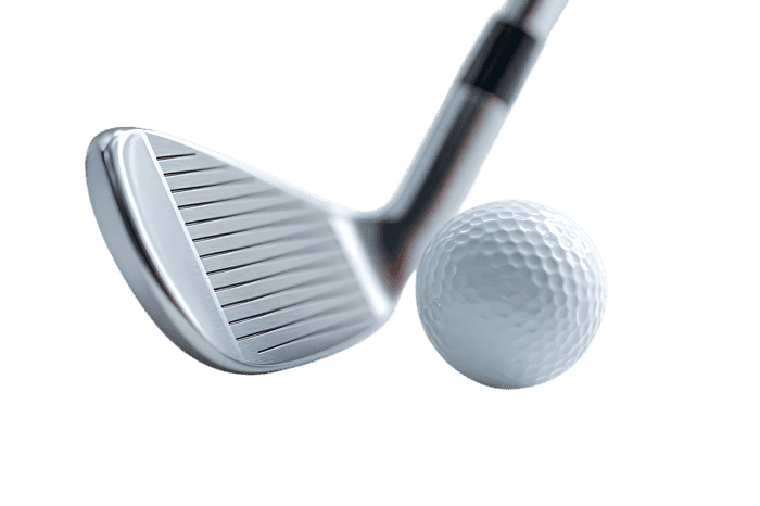 Close up of golf club about to hit ball. Sport, recreation, precision.