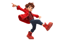 Animated boy in red jacket and shoes pointing