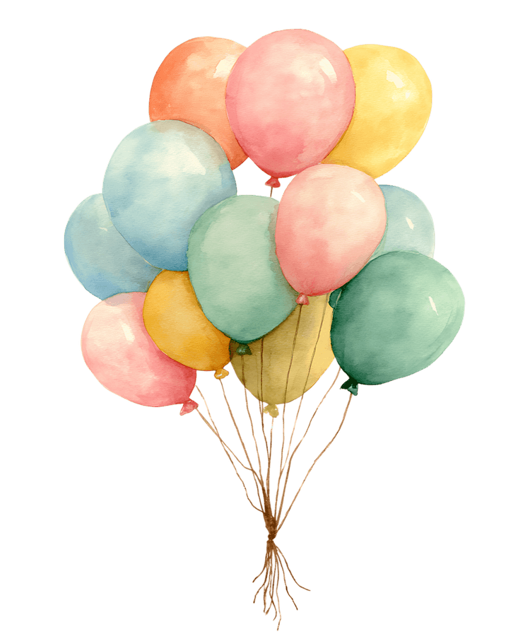 Pastel-colored balloons float joyfully.