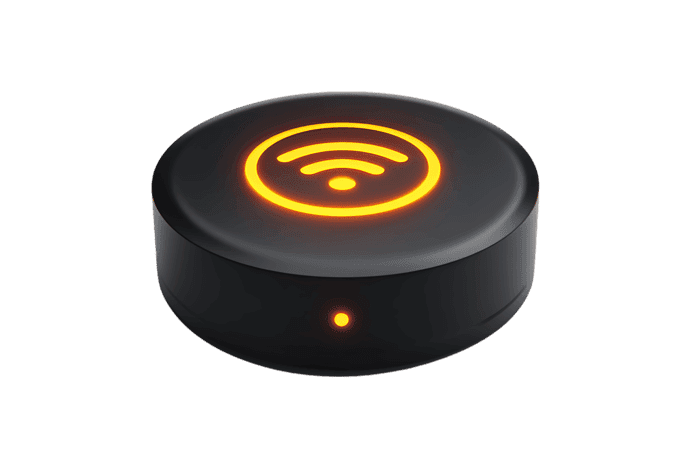 Close up of a small, sleek wireless router or access point.