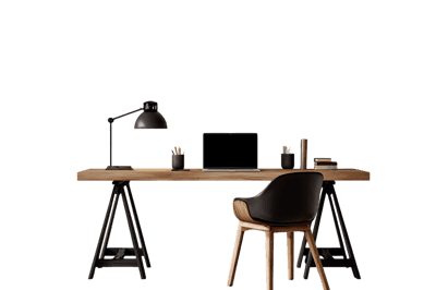 Modern minimalist workspace with wooden desk and black chair.