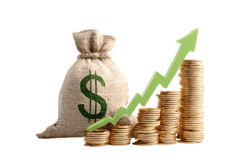Money bag, coins, and upward arrow symbolizing financial success and wealth.