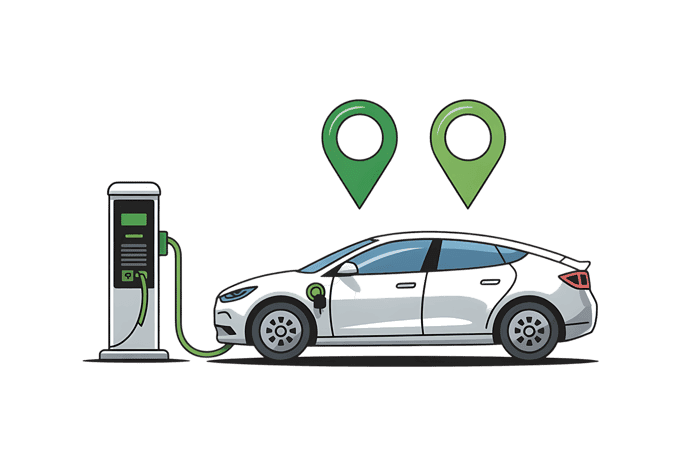 Electric car charging at station with map pointers
