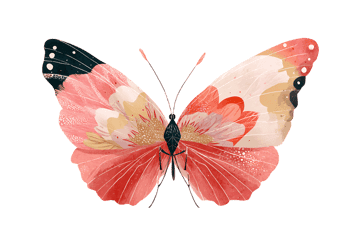 Pink butterfly with floral design on wings.