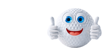 Smiling golf ball character giving thumbs up.