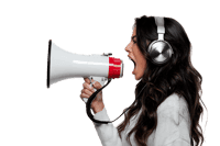 Young woman using a megaphone, making an announcement or protest.