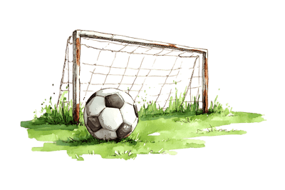 Soccer ball at goal post Watercolor painting