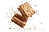 Two delicious sandwich cookies in mid air, crumbs flying.
