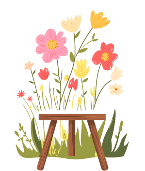 Cute floral arrangement on a small wooden stool.