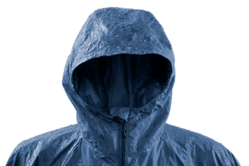 Close up of a wet blue hooded jacket. Rain, waterproof, outdoor gear.