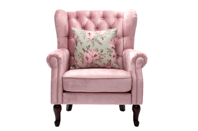 Elegant pink armchair with floral cushion