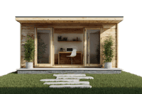 Exterior view of a modern wooden garden office