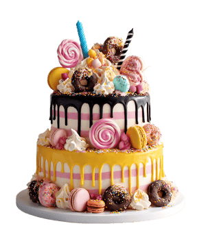 A two-tiered cake adorned with colorful candies and frosting.
