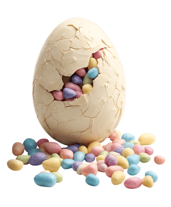 Cracked white chocolate egg filled with pastel candies.