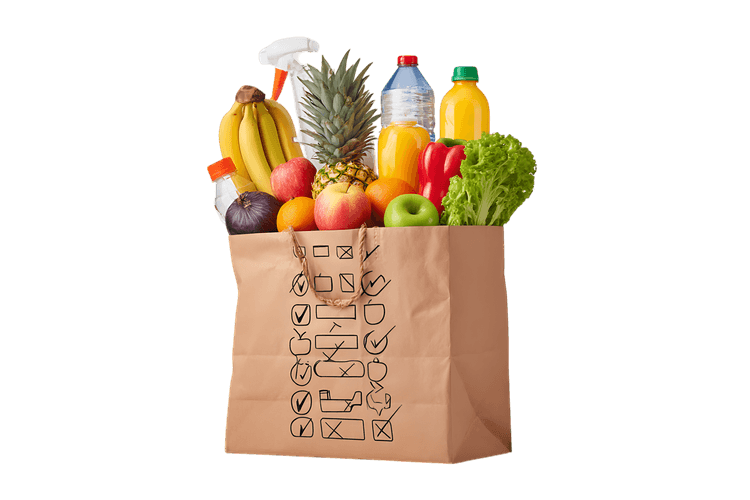 Grocery shopping bag full of fresh fruits, vegetables, and drinks.