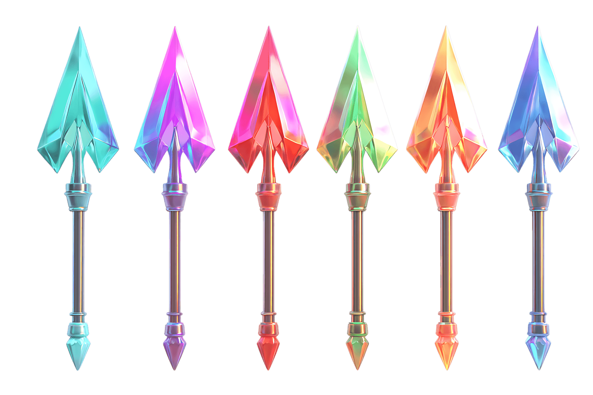 Seven colorful crystal arrowheads. Game assets, fantasy design.