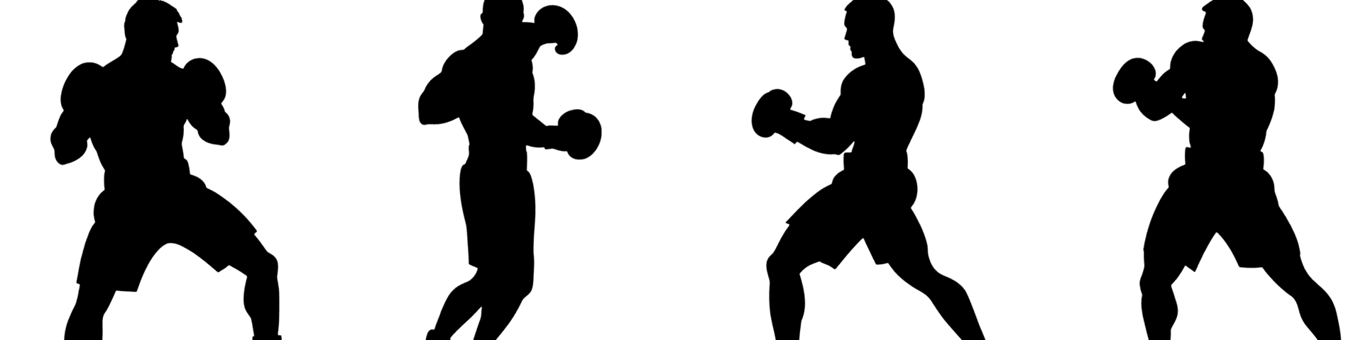 Silhouette of four boxers in fighting stances.