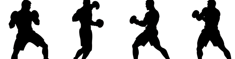 Silhouette of four boxers in fighting stances.