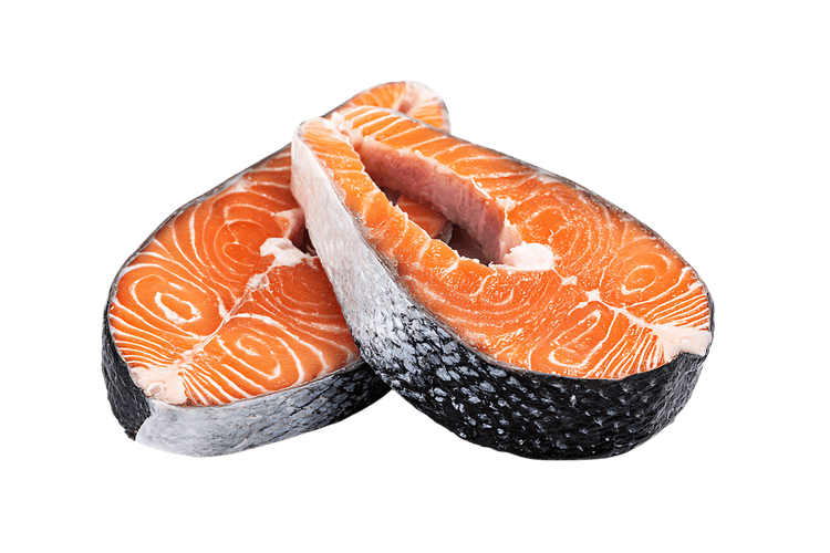 Close up of two fresh salmon steaks, ready to cook.