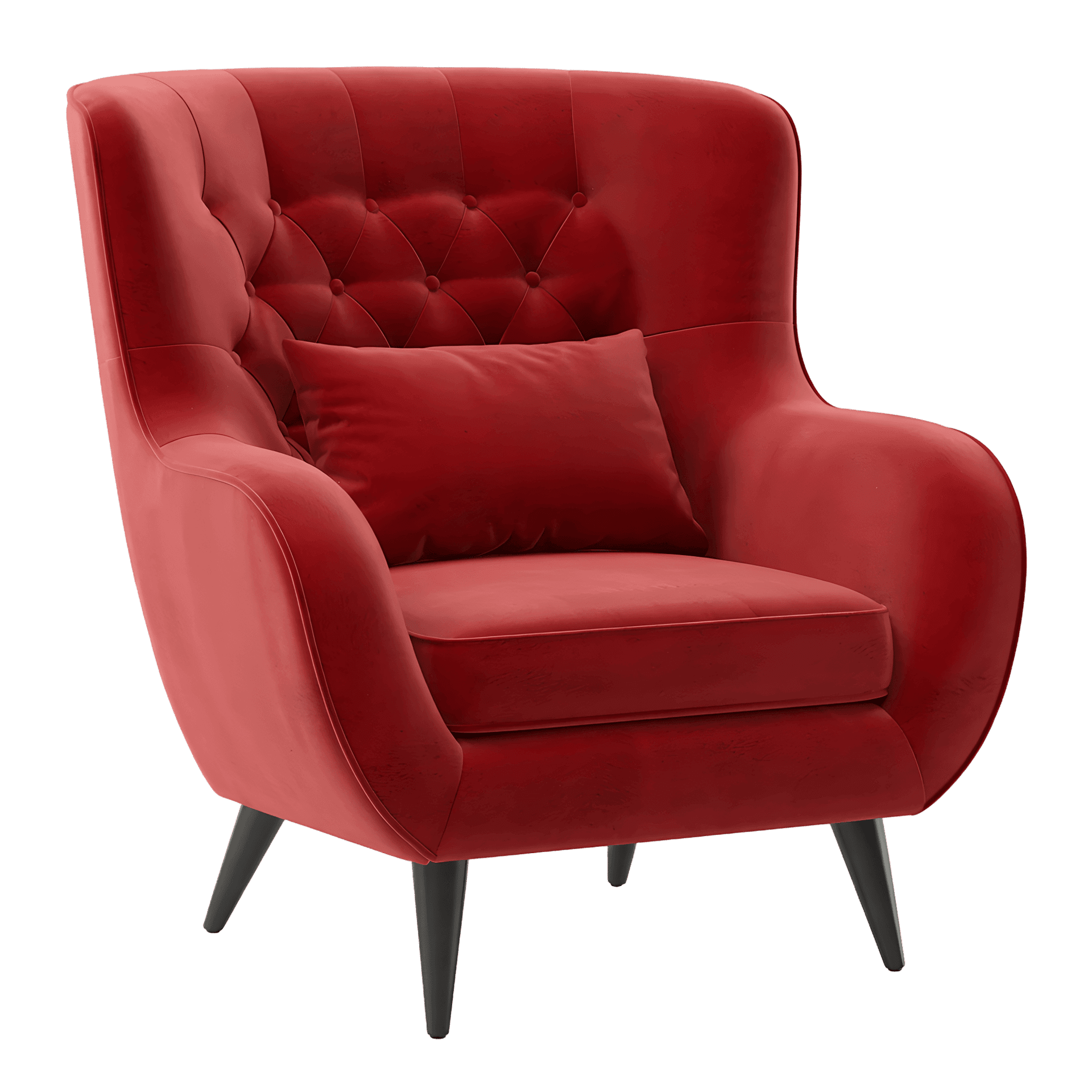 Red velvet armchair with button tufting and mid century modern legs.