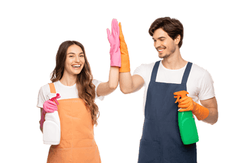 Happy cleaning team giving high five. Cleaning service, teamwork, success.