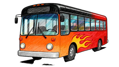 Illustration of a bus with flame graphics