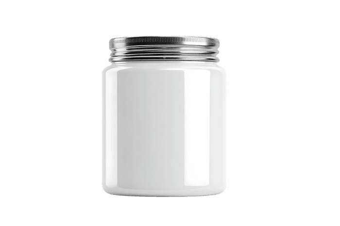 Blank white glass jar with metal lid, isolated on transparent background.