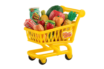 Miniature shopping cart filled with colorful groceries.