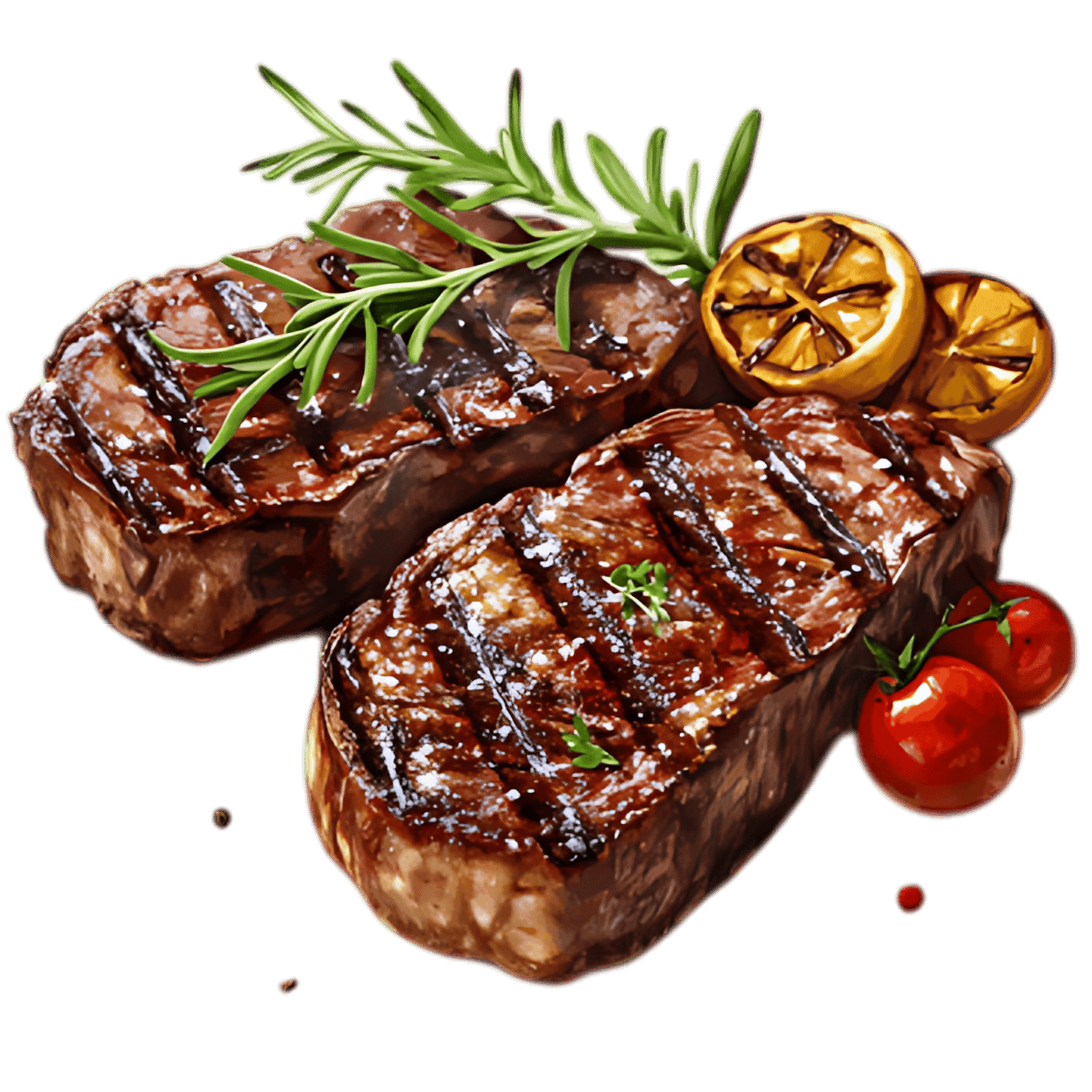 Grilled steaks with rosemary, lemon, and cherry tomatoes.