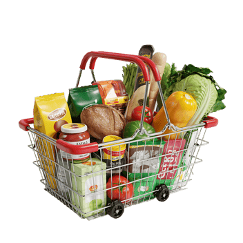 Full shopping basket with groceries.