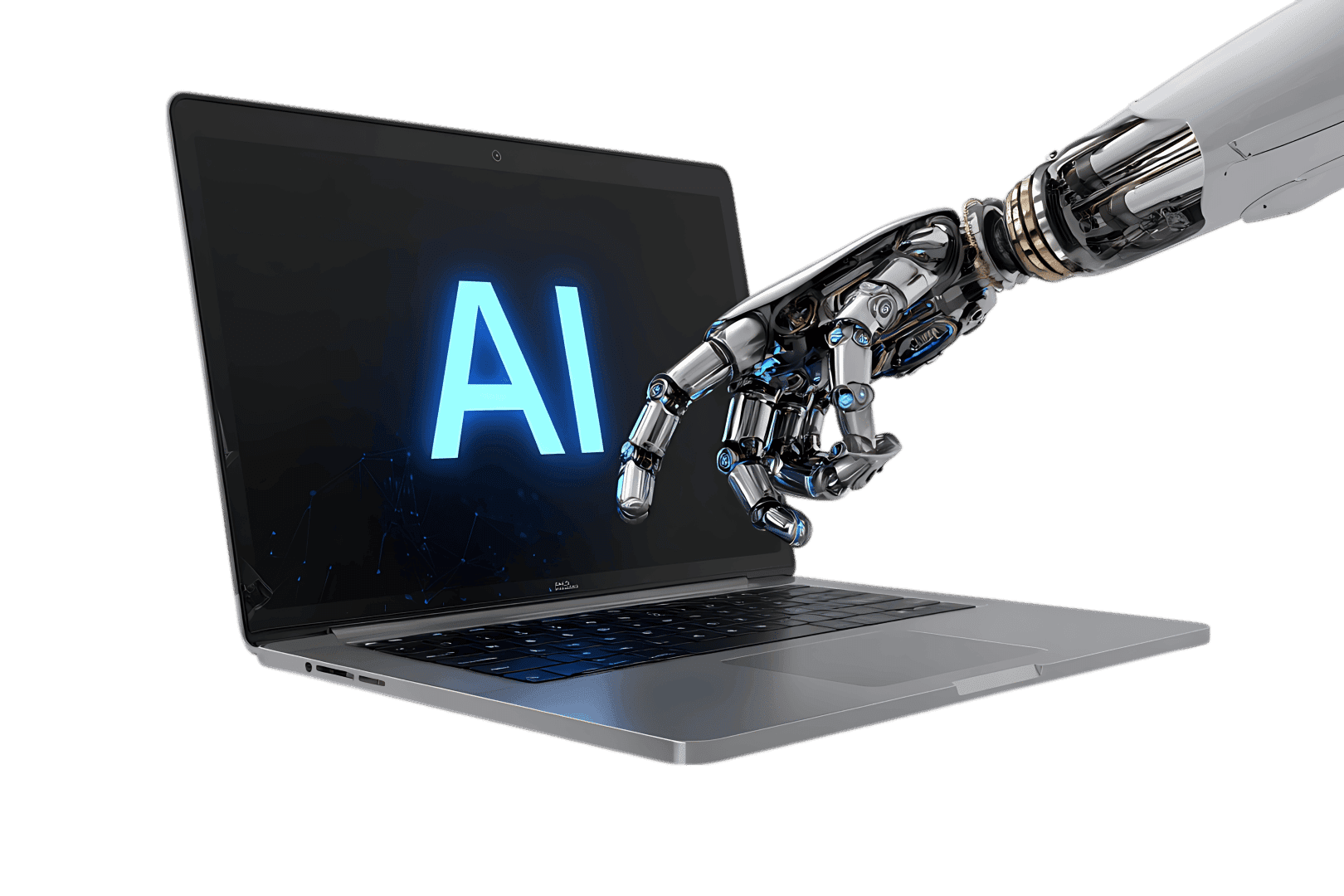 Robotic hand pointing at AI on laptop screen