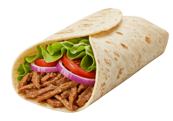 Delicious beef burrito wrap with lettuce, tomato, and onion.