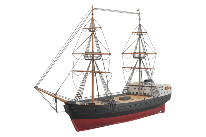 Illustration of a large sailing ship with masts and rigging