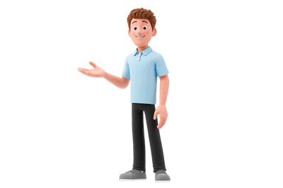 3d cartoon man presenting with open hand gesture