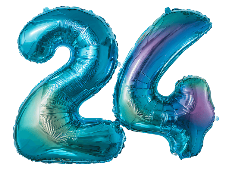 Teal and purple number 24 balloons