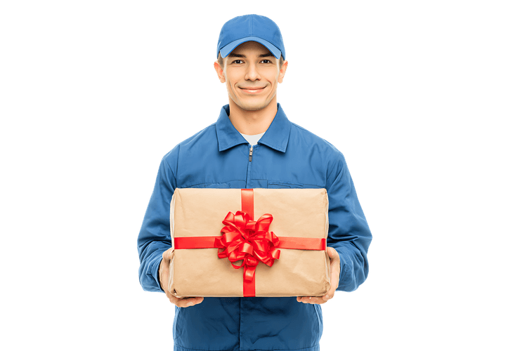 Delivery man holding a gift wrapped package.
