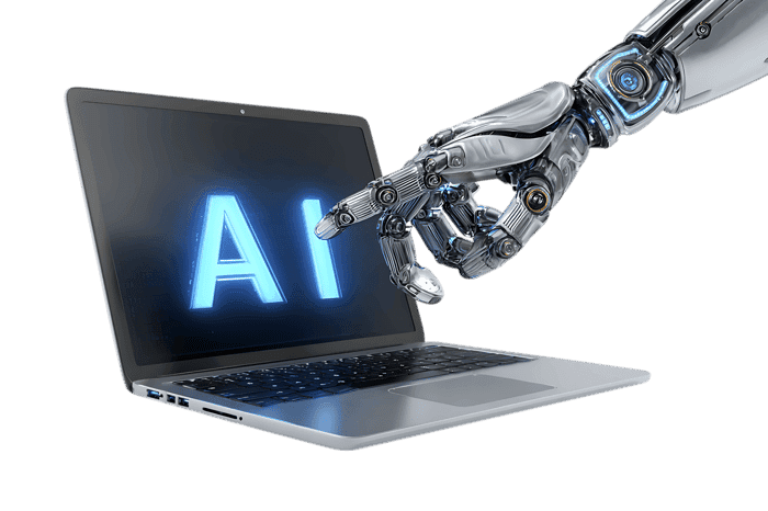 Robotic hand pointing at AI on laptop screen.