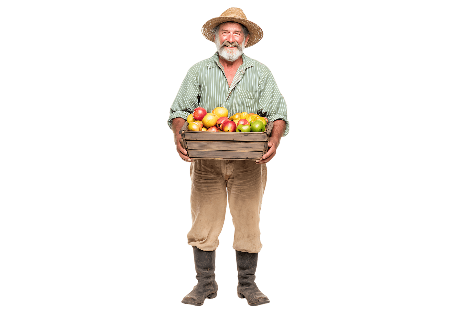 Happy senior farmer holding a basket of fresh fruits.