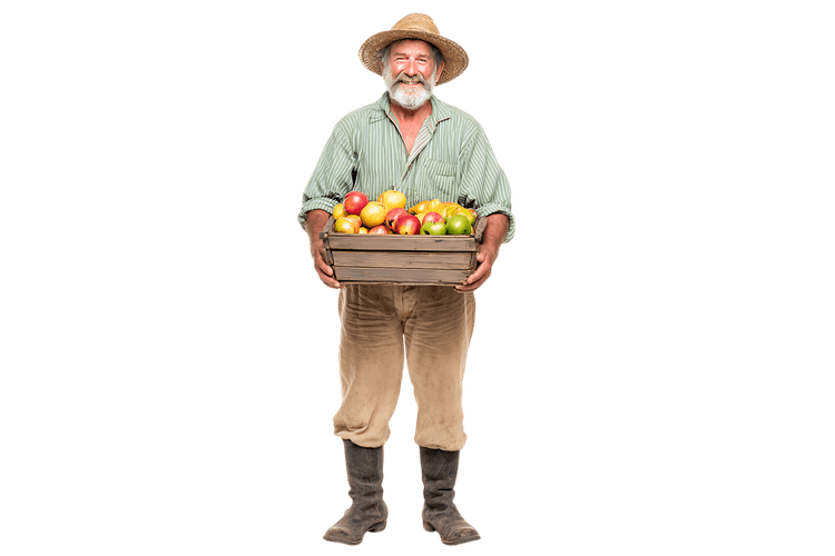 Happy senior farmer holding a basket of fresh fruits.
