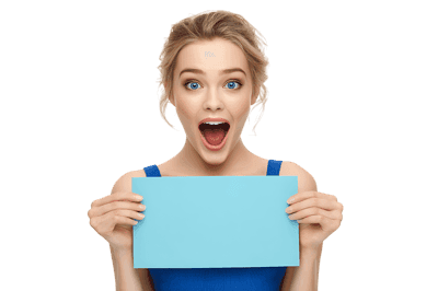 Surprised woman holding a blank card, perfect for your message!
