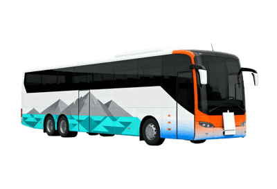 Sleek passenger bus with mountain and water design