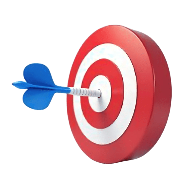3D rendering of a red and white target with blue dart hitting the center, symbolizing success and precision