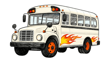 Cartoon illustration of a short bus with flames