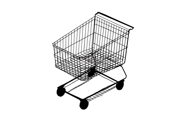 3D wireframe shopping cart, retail concept.